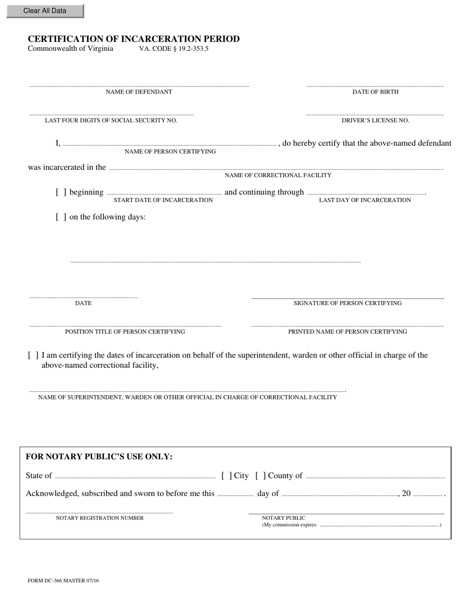 Form DC-366 Certification of Incarceration Period - Virginia, Page 1