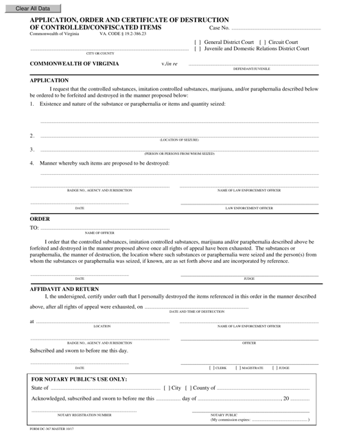 Form DC-367 Application, Order and Certificate of Destruction of Controlled/Confiscated Items - Virginia