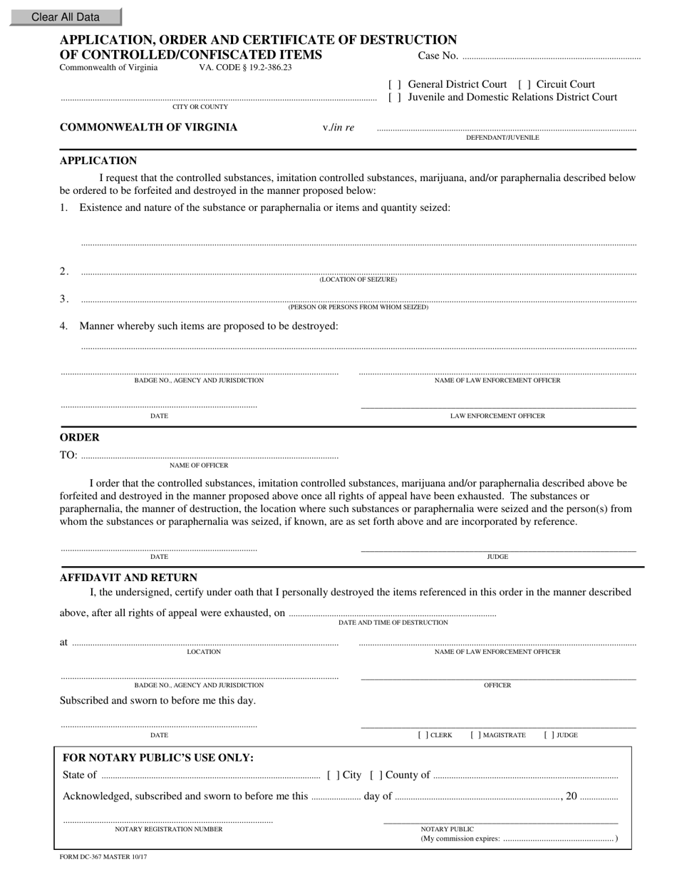 Form DC-367 Application, Order and Certificate of Destruction of Controlled / Confiscated Items - Virginia, Page 1