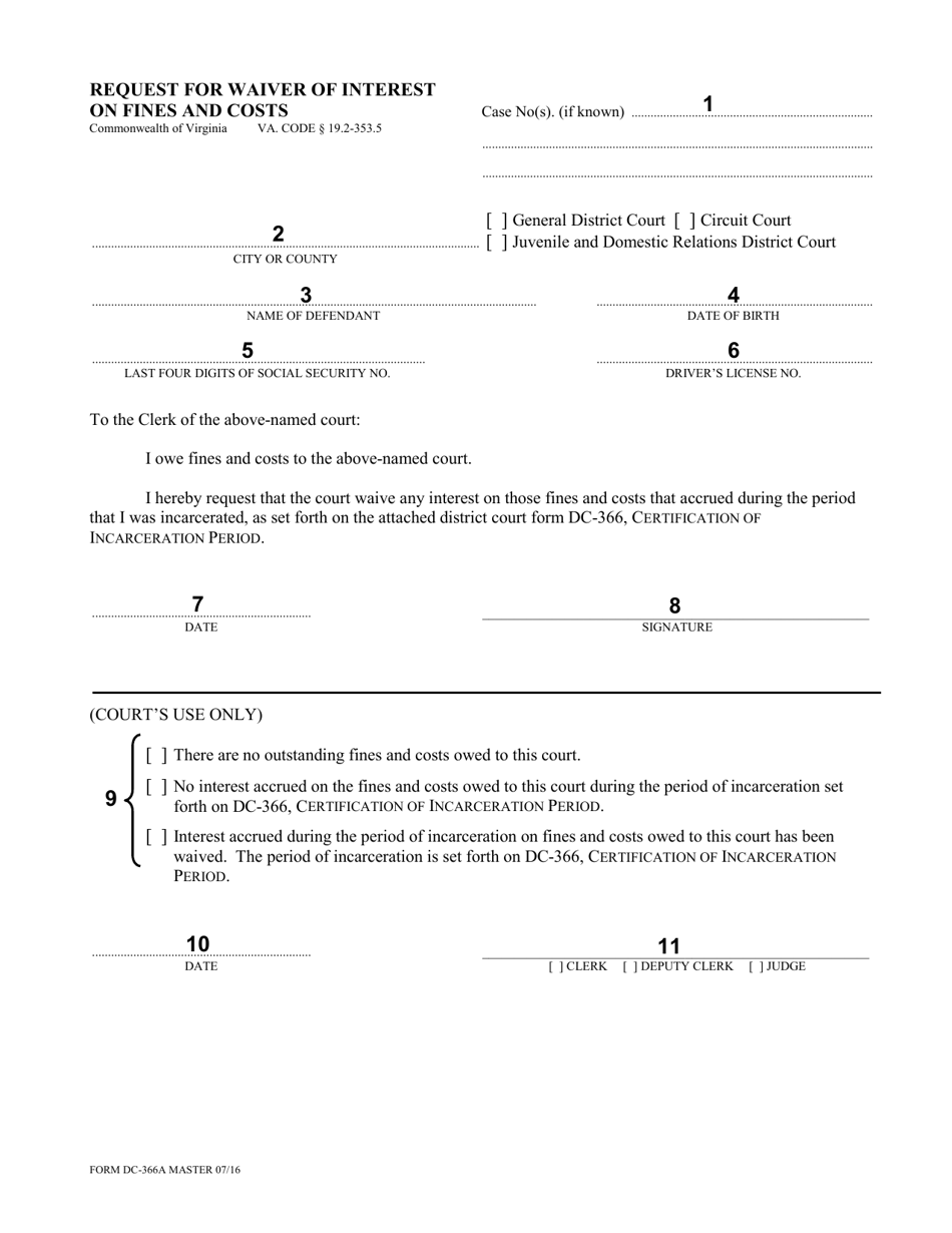 Instructions for Form DC-366A Request for Waiver of Interest on Fines and Costs - Virginia, Page 2