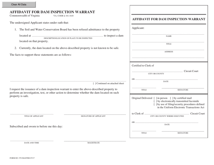 Form DC-378 Affidavit for Dam Inspection Warrant - Virginia