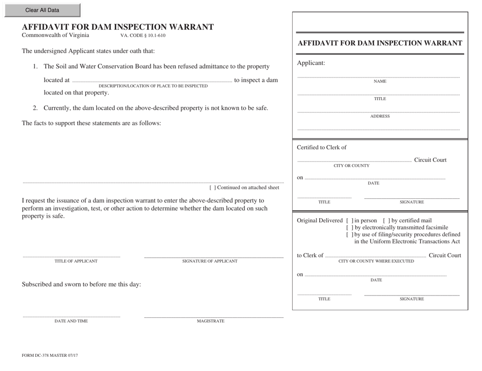 Form DC-378 Affidavit for Dam Inspection Warrant - Virginia, Page 1