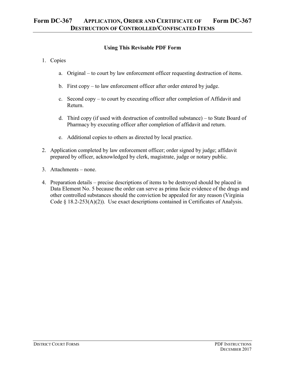 Instructions for Form DC-367 Application, Order and Certificate of Destruction of Controlled / Confiscated Items - Virginia, Page 1