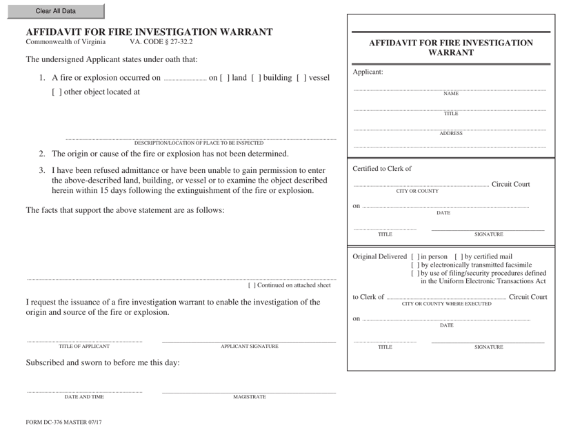 Form DC-376 Affidavit for Fire Investigation Warrant - Virginia