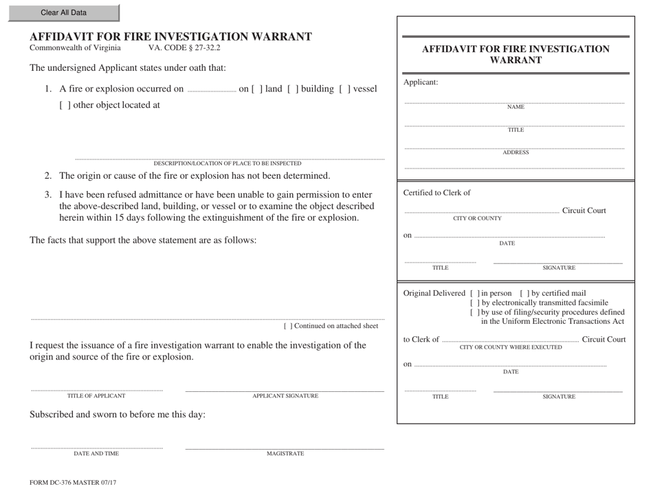 Form DC-376 Affidavit for Fire Investigation Warrant - Virginia, Page 1