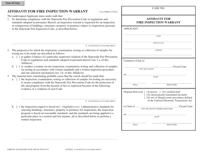 Form DC-380 Affidavit for Fire Inspection Warrant - Virginia