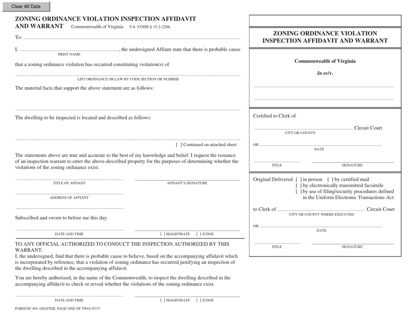 Form DC-801 Zoning Ordinance Violation Inspection Affidavit and Warrant - Virginia