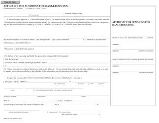 Document preview: Form DC-395 Affidavit for Summons for Dangerous Dog - Virginia