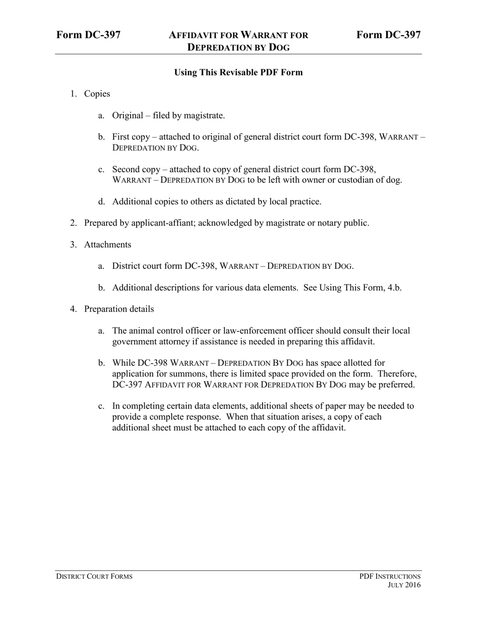 Instructions for Form DC-397 Affidavit for Warrant for Depredation by Dog - Virginia, Page 1