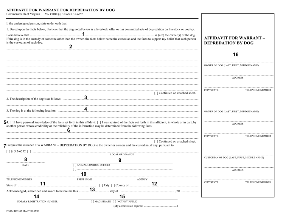 Instructions for Form DC-397 Affidavit for Warrant for Depredation by Dog - Virginia, Page 2