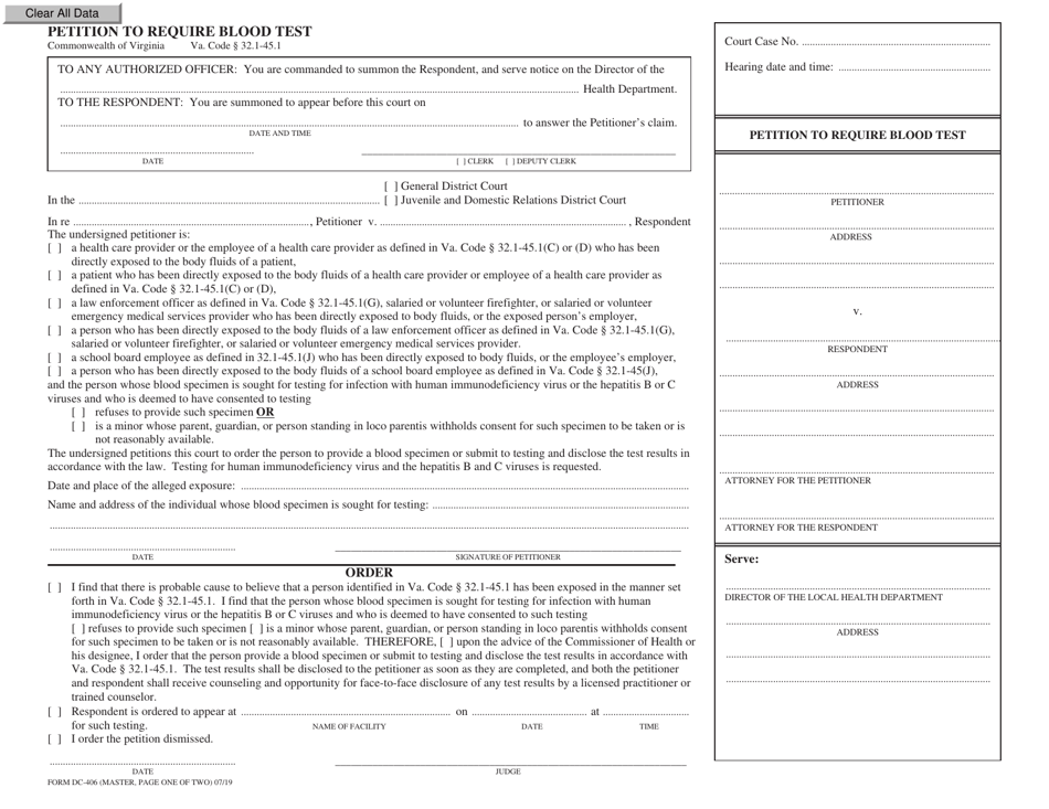 Form DC-406 Petition to Require Blood Test - Virginia, Page 1