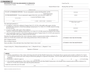 Form DC-405 Petition to Test Blood-Borne Pathogens - Virginia