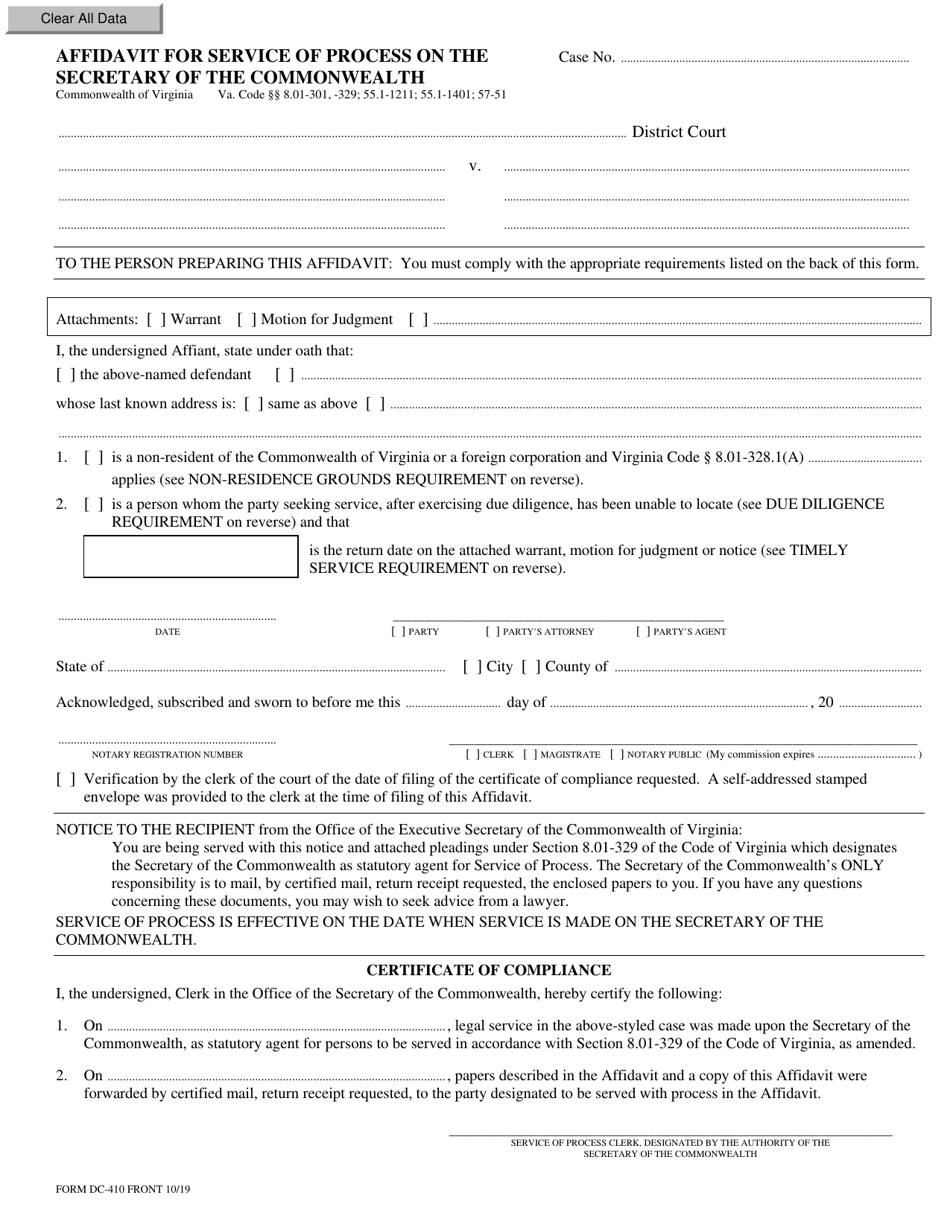 Form DC-410 Affidavit for Service of Process on the Secretary of the Commonwealth - Virginia, Page 1