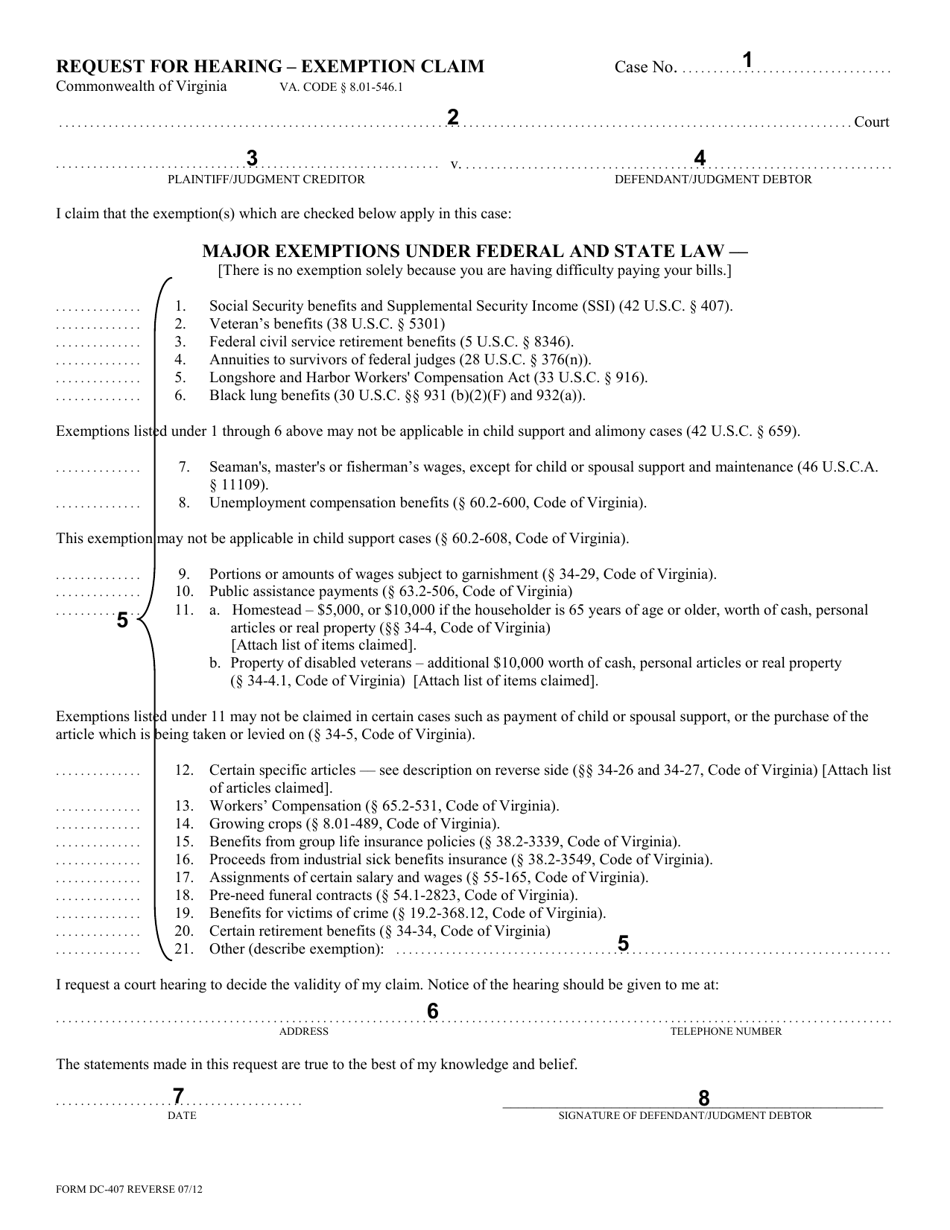 Instructions for Form DC-407 Request for Hearing - Exemption Claim - Virginia, Page 2