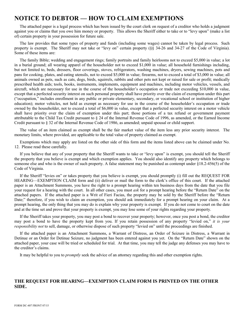 Instructions for Form DC-407 Request for Hearing - Exemption Claim - Virginia, Page 4