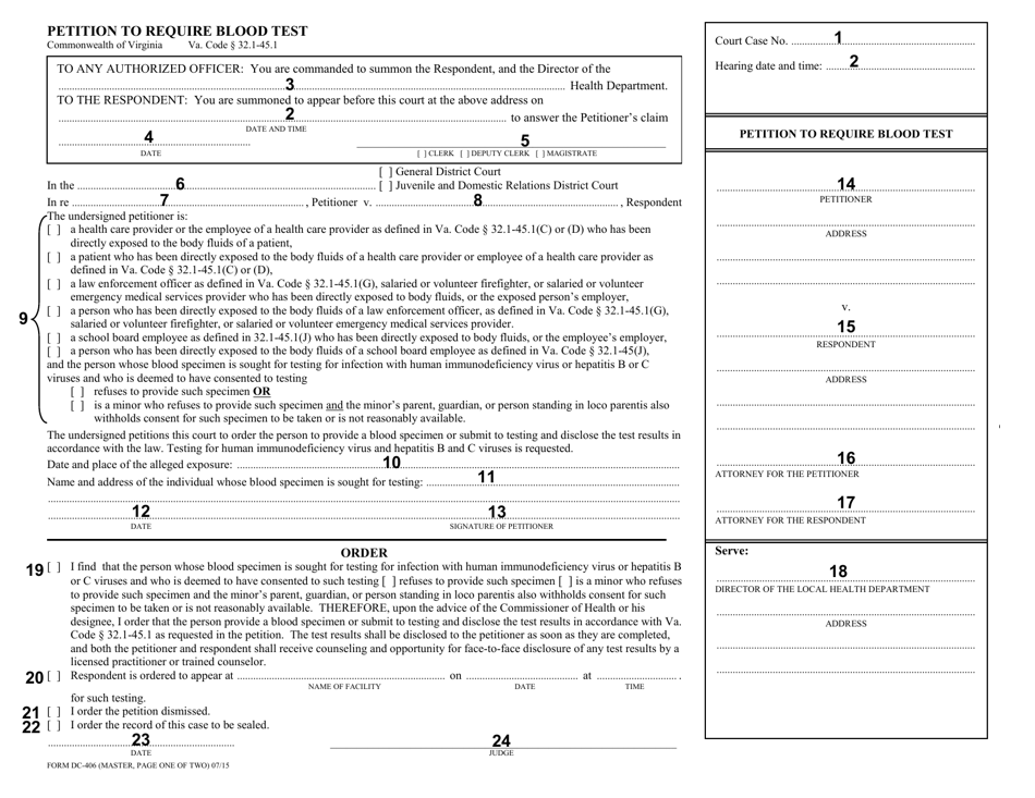 Instructions for Form DC-406 Petition to Require Blood Test - Virginia, Page 2