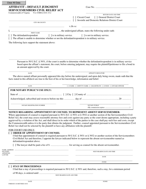 Form DC-418 Affidavit - Default Judgment Servicemembers Civil Relief Act - Virginia