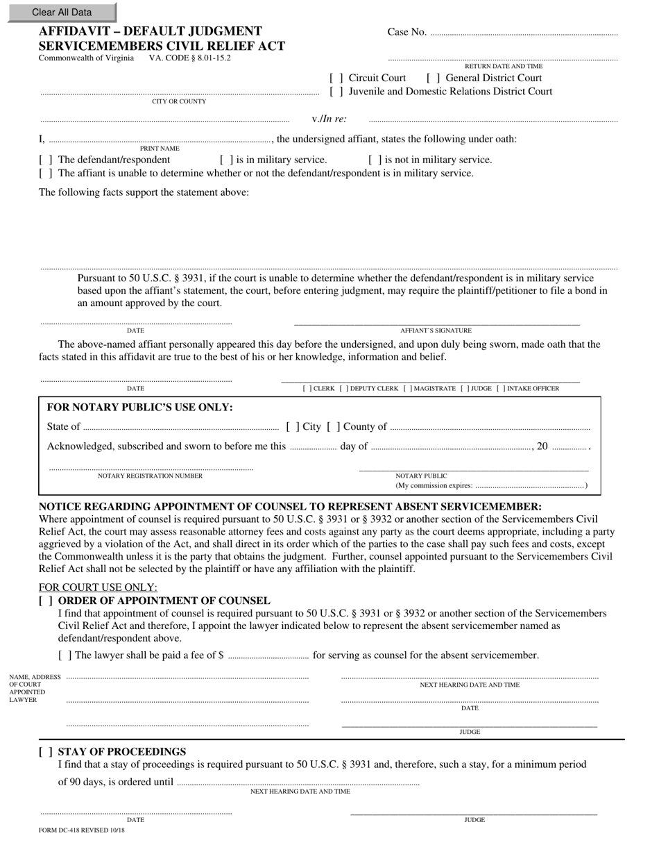 Form DC-418 Affidavit - Default Judgment Servicemembers Civil Relief Act - Virginia, Page 1