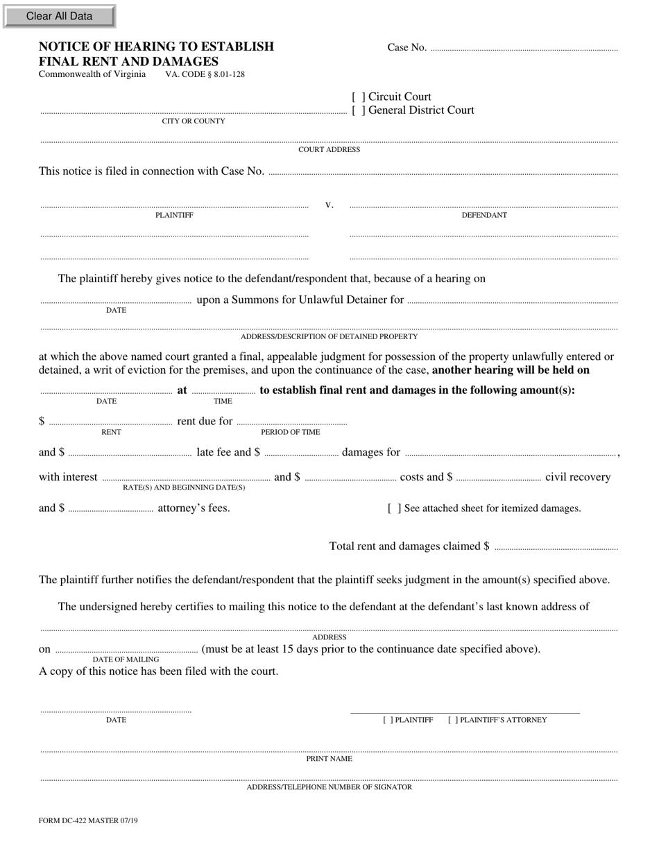 Form DC-422 - Fill Out, Sign Online and Download Fillable PDF, Virginia ...