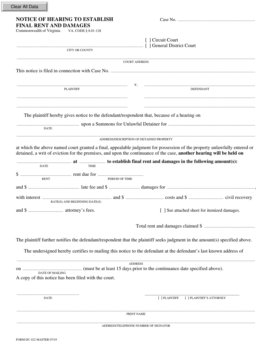 Form DC-422 Notice of Hearing to Establish Final Rent and Damages - Virginia, Page 1