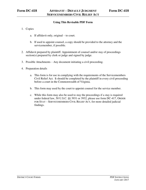 Instructions for Form DC-418 Affidavit - Default Judgment Servicemembers Civil Relief Act - Virginia