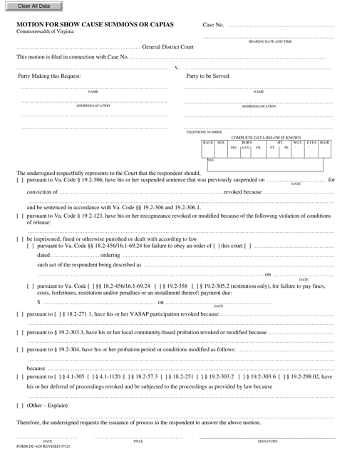 Form DC-420 Motion for Show Cause Summons or Capias - Virginia