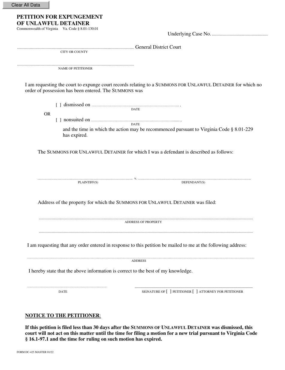 Form DC-425 Petition for Expungement of Unlawful Detainer - Virginia, Page 1