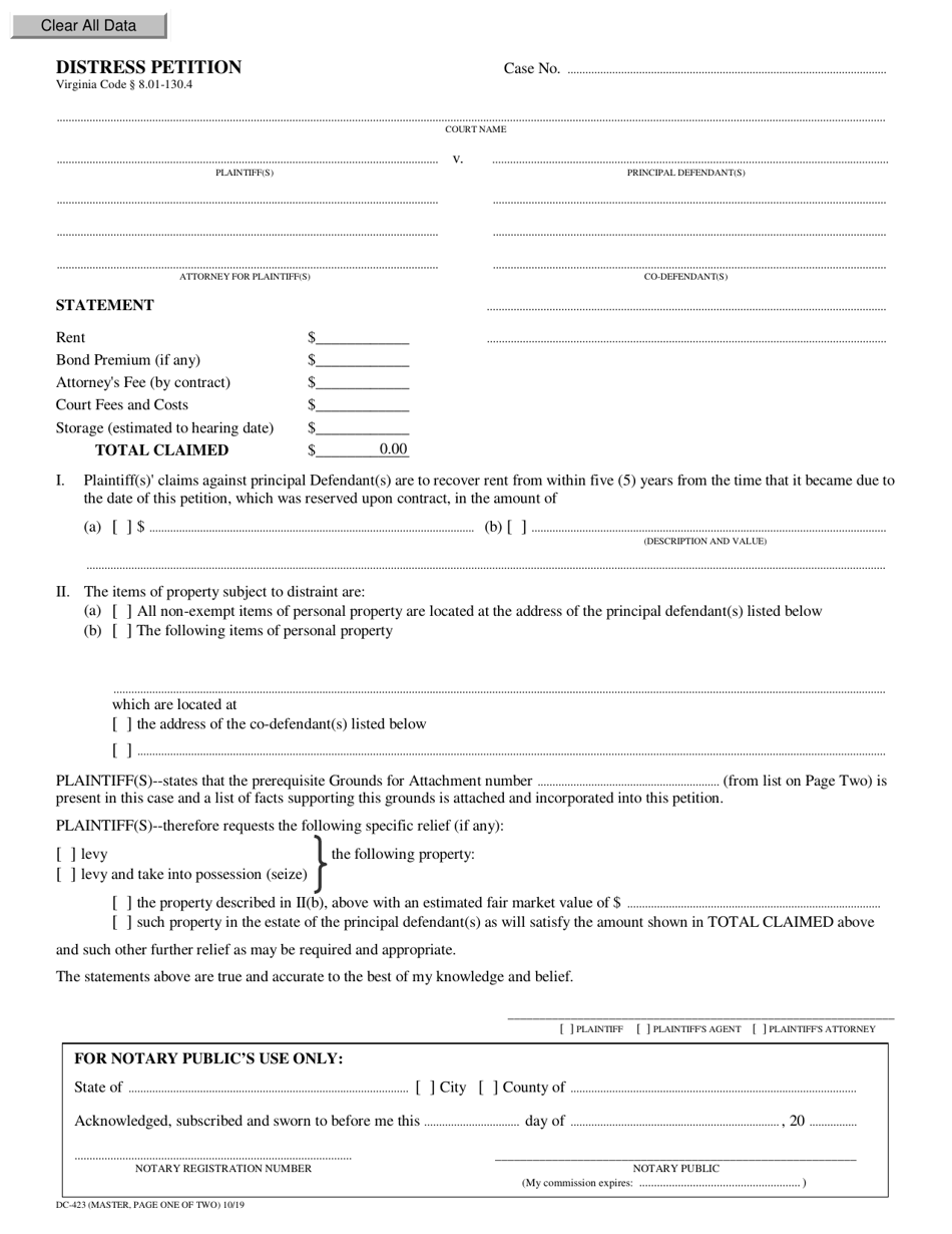 Form DC-423 Distress Petition - Virginia, Page 1