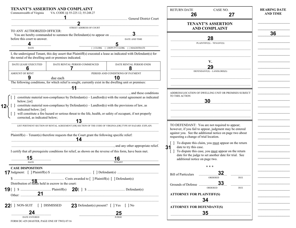 Instructions for Form DC-429 Tenants Assertion and Complaint - Virginia, Page 2