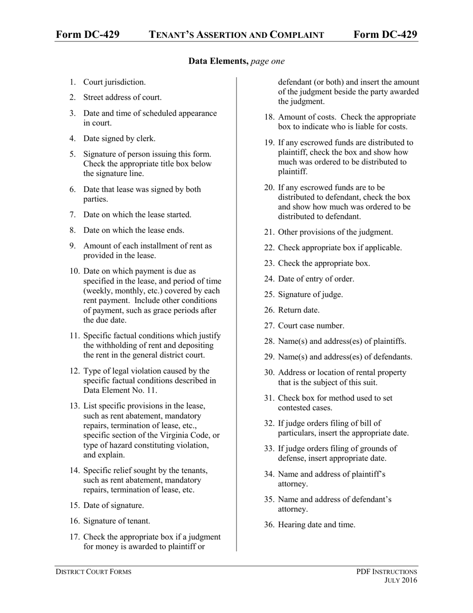 Instructions for Form DC-429 Tenants Assertion and Complaint - Virginia, Page 3