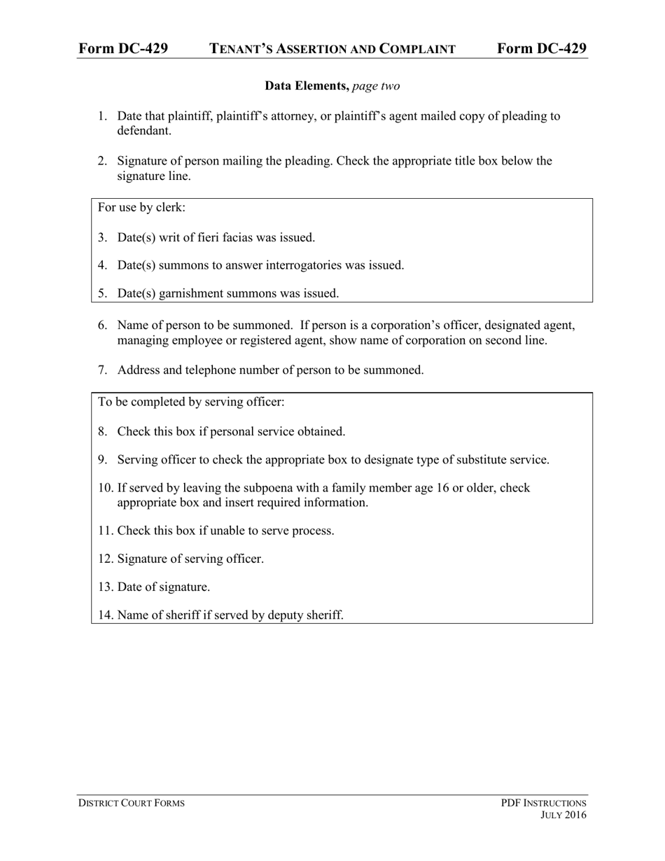 Instructions for Form DC-429 Tenants Assertion and Complaint - Virginia, Page 5