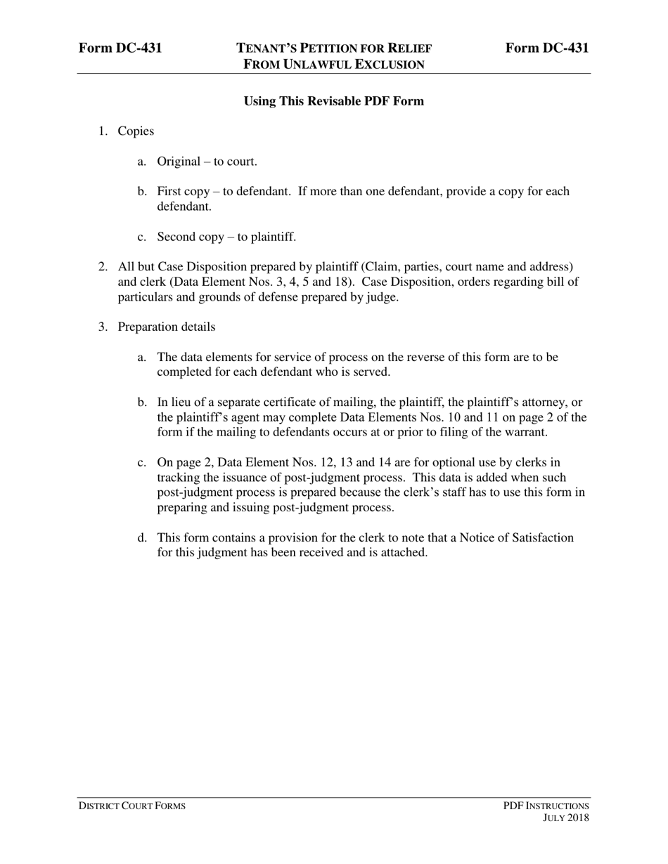 Instructions for Form DC-431 Tenants Petition for Relief From Unlawful Exclusion - Virginia, Page 1