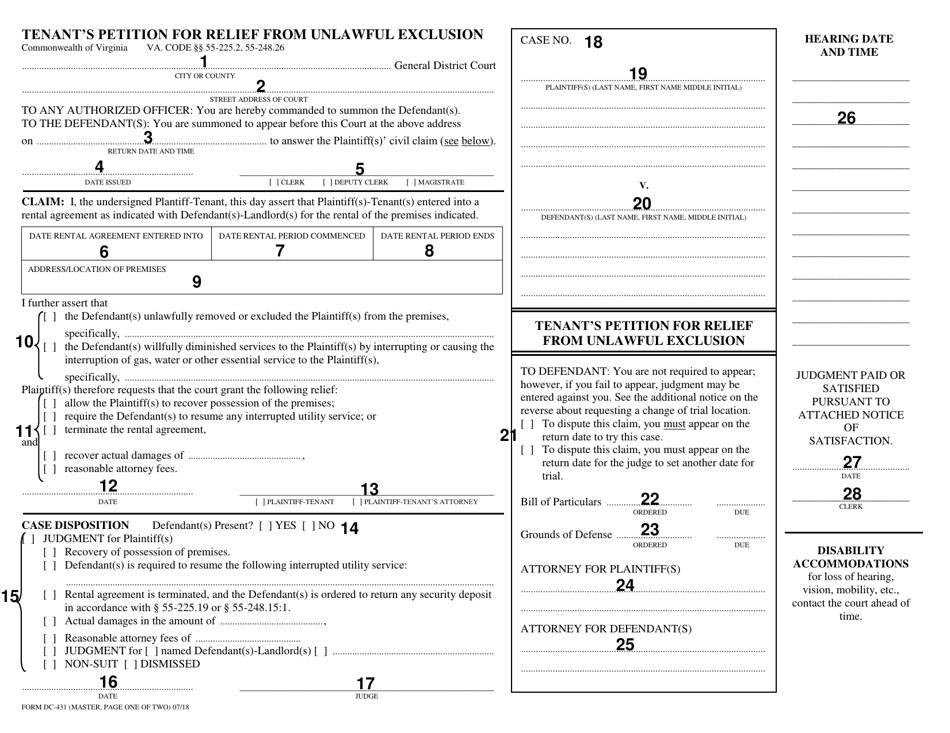 Instructions for Form DC-431 Tenants Petition for Relief From Unlawful Exclusion - Virginia, Page 2