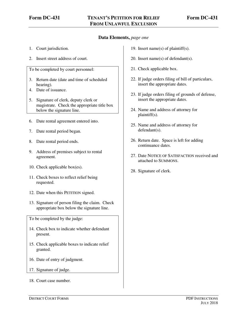 Instructions for Form DC-431 Tenants Petition for Relief From Unlawful Exclusion - Virginia, Page 3