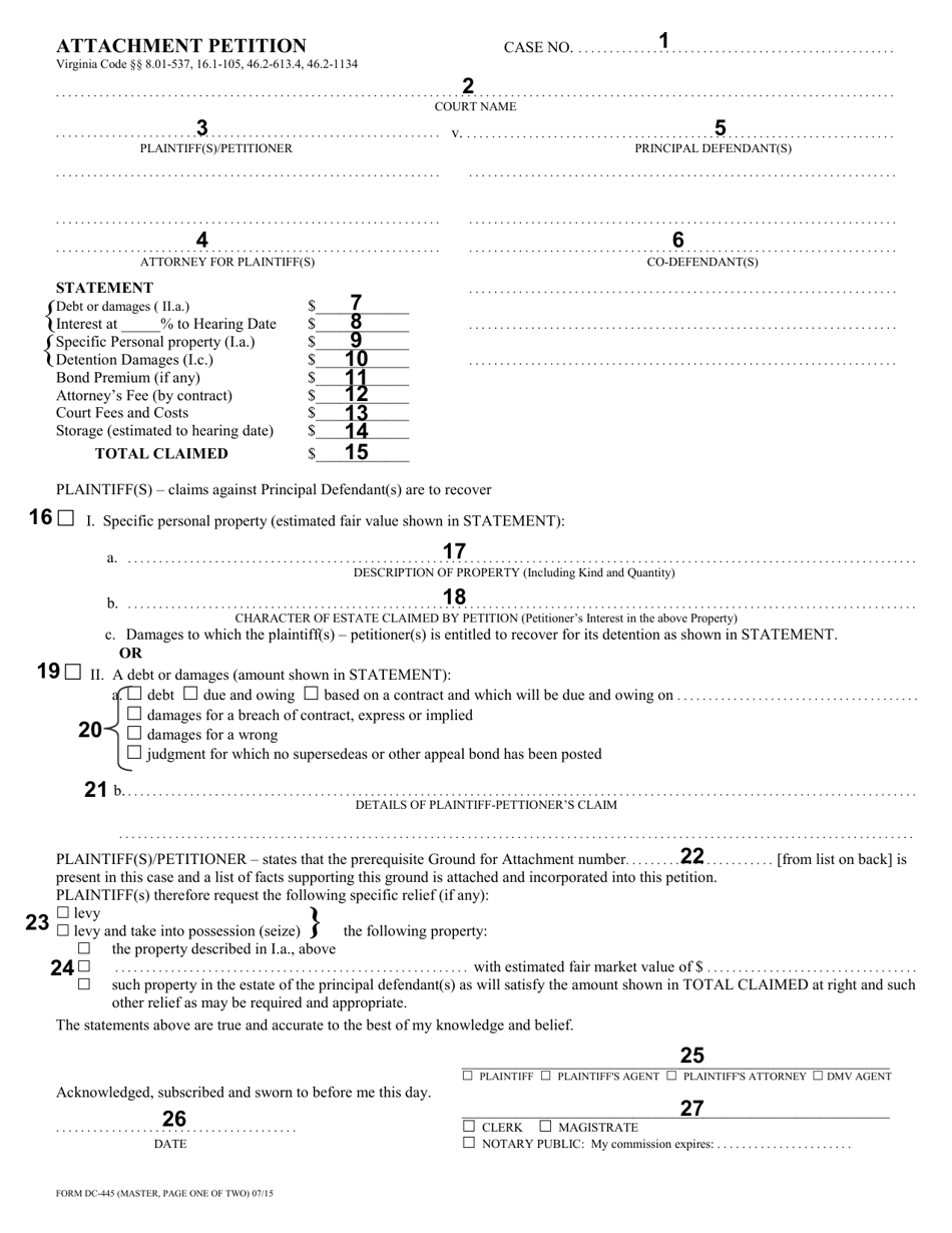Instructions for Form DC-445 Attachment Petition - Virginia, Page 2