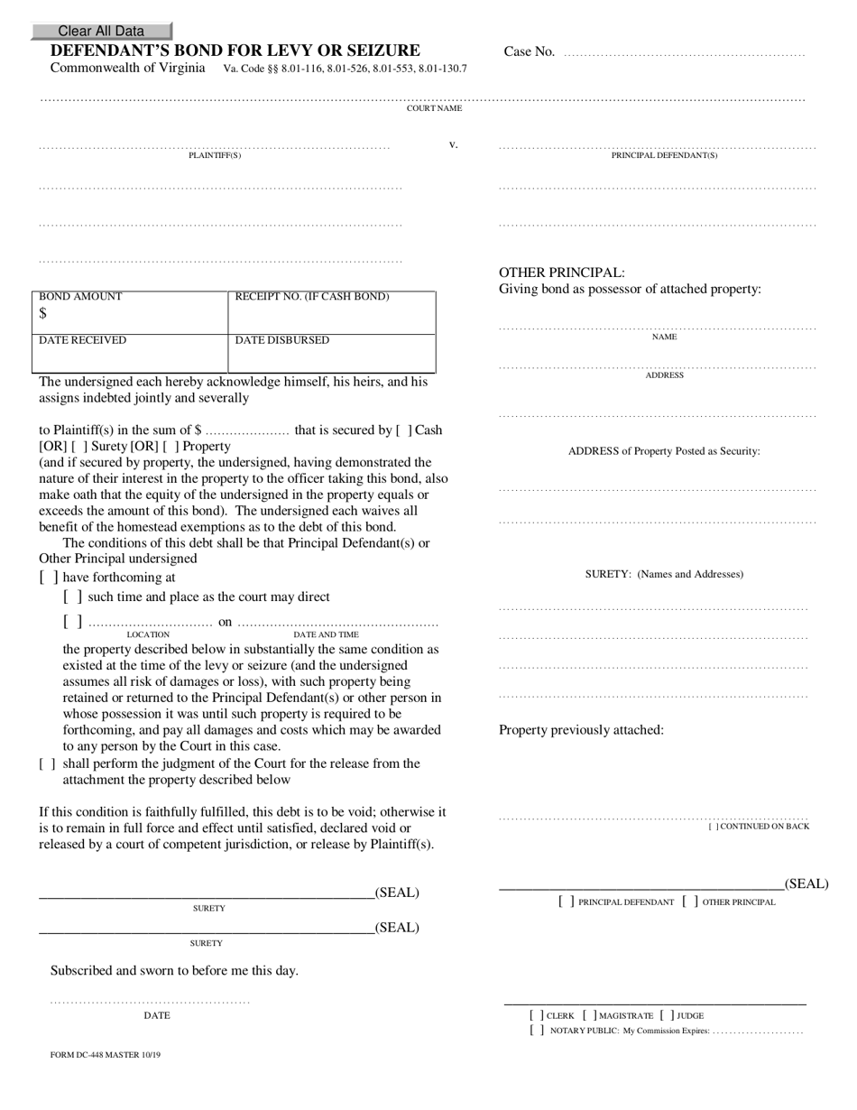 Form DC-448 Defendants Bond for Levy or Seizure - Virginia, Page 1