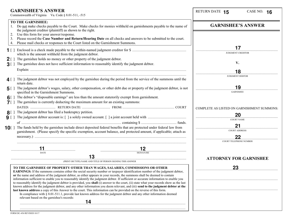 Instructions for Form DC-456 Garnishees Answer - Virginia, Page 2