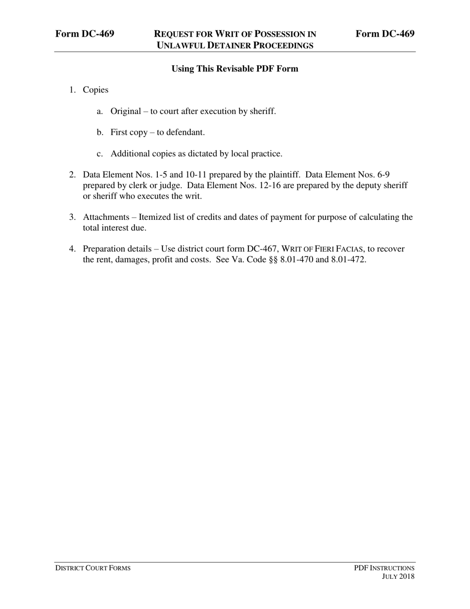 Instructions for Form DC-469 Request for Writ of Eviction in Unlawful Detainer Proceedings - Virginia, Page 1