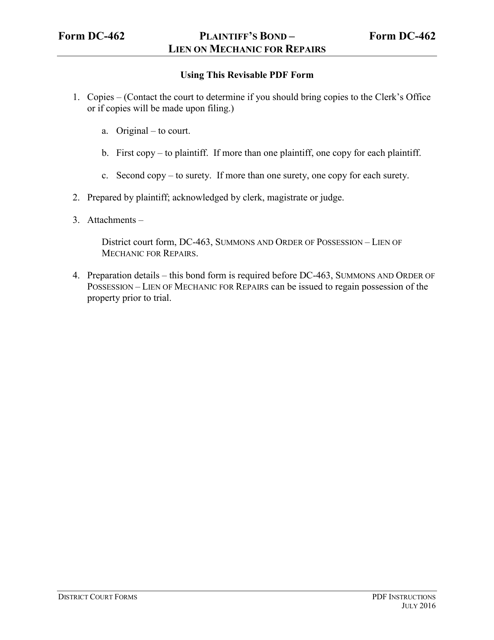 Instructions for Form DC-462 Plaintiff's Bond - Lien of Mechanic for Repairs - Virginia