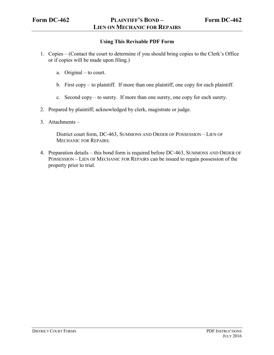 Instructions for Form DC-462 Plaintiffs Bond - Lien of Mechanic for Repairs - Virginia, Page 1