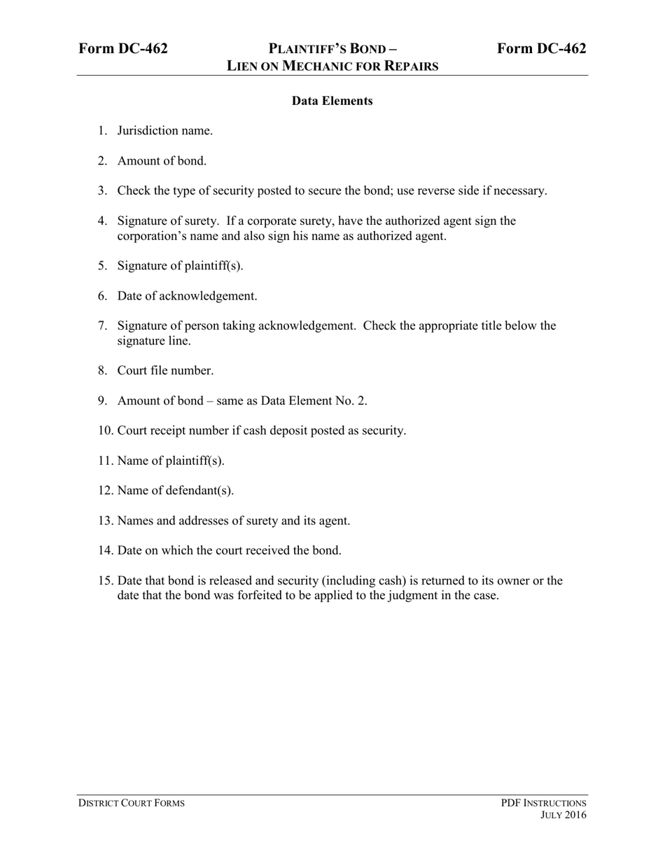 Instructions for Form DC-462 Plaintiffs Bond - Lien of Mechanic for Repairs - Virginia, Page 3