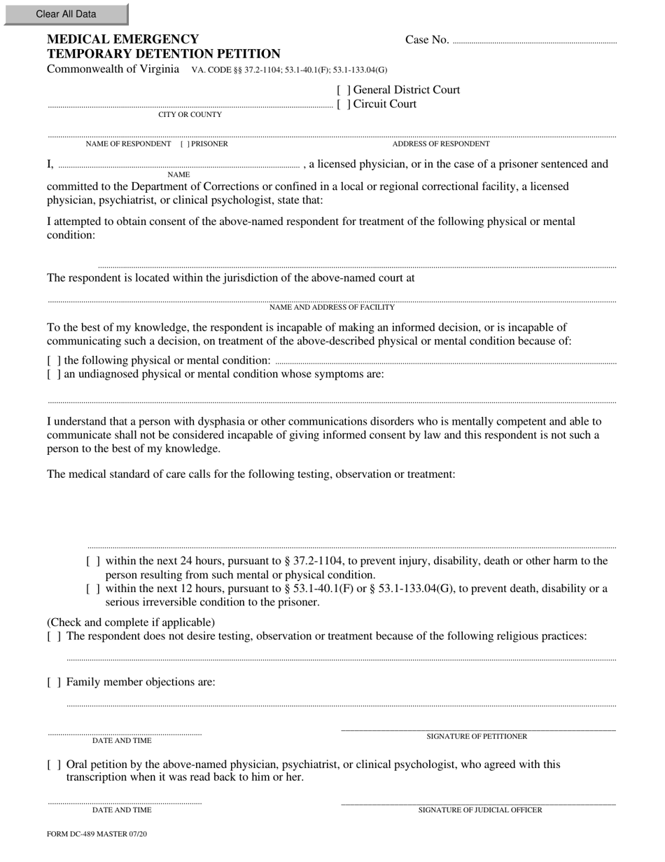 Form DC-489 Medical Emergency Temporary Detention Petition - Virginia, Page 1