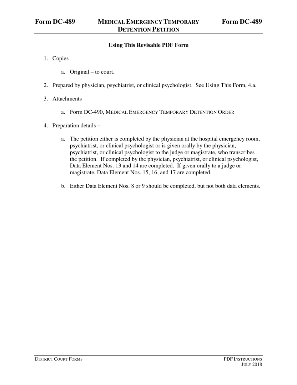 Instructions for Form DC-489 Medical Emergency Temporary Detention Petition - Virginia, Page 1