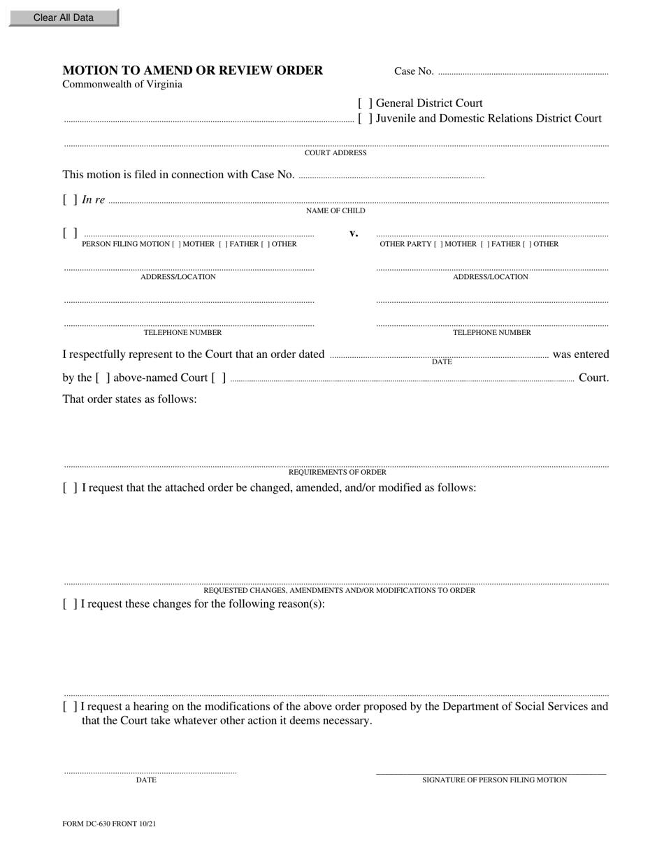 Form DC-630 Motion to Amend or Review Order - Virginia, Page 1