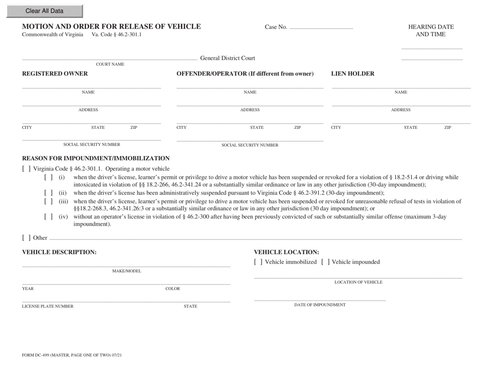 Form DC-499 Motion and Order for Release of Vehicle - Virginia, Page 1