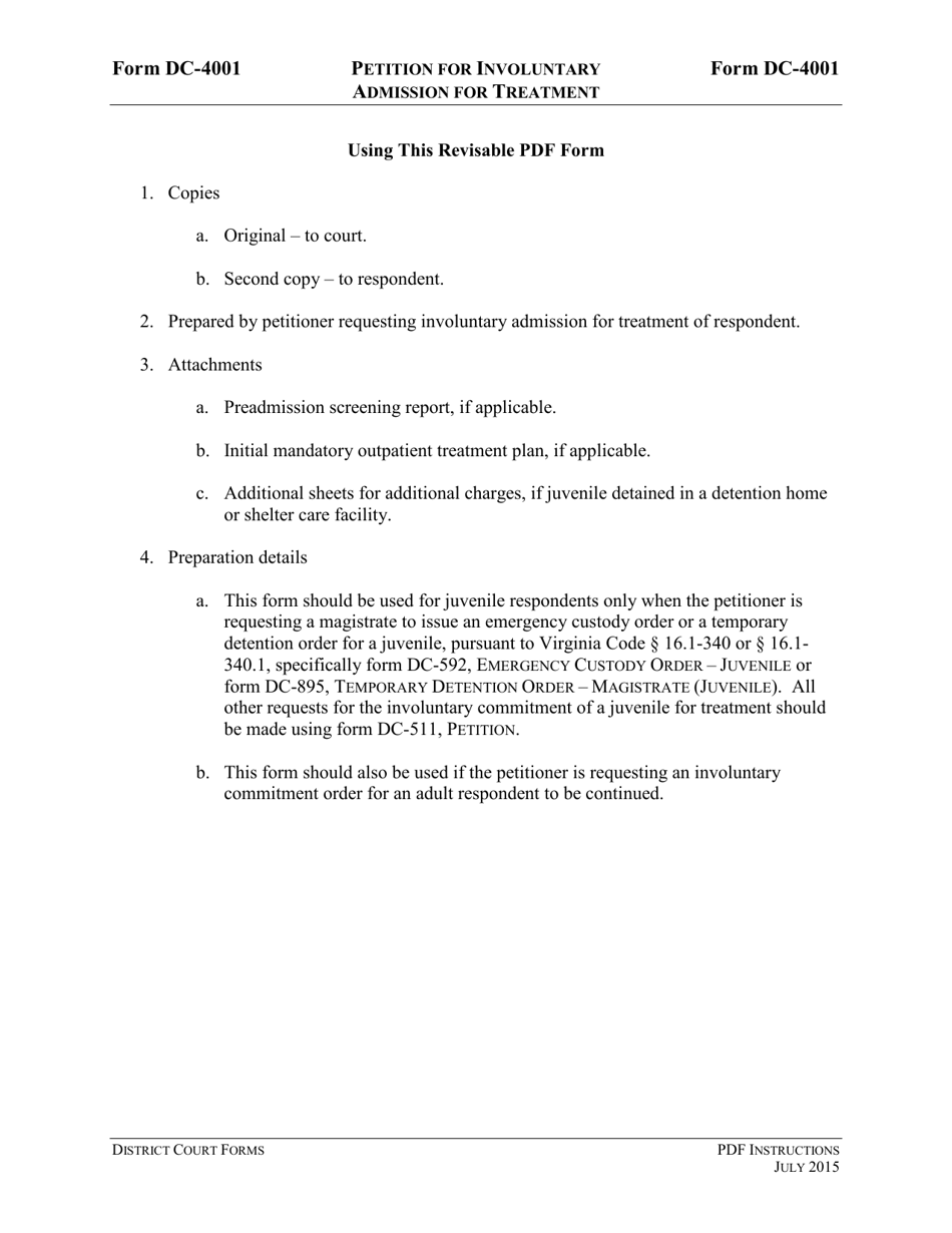 Instructions for Form DC-4001 Petition for Involuntary Admission for Treatment - Virginia, Page 1