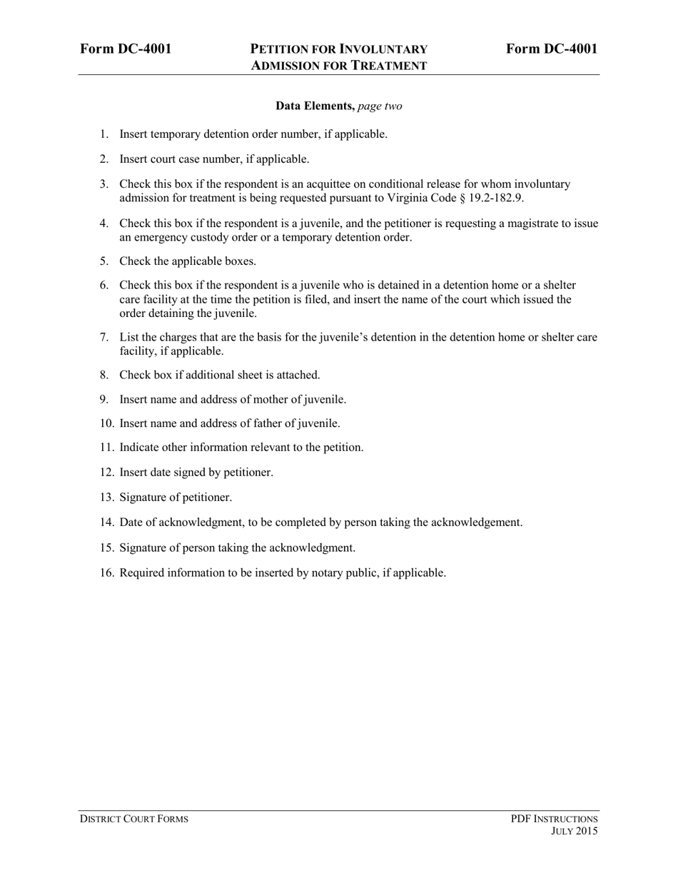 Instructions for Form DC-4001 Petition for Involuntary Admission for Treatment - Virginia, Page 5