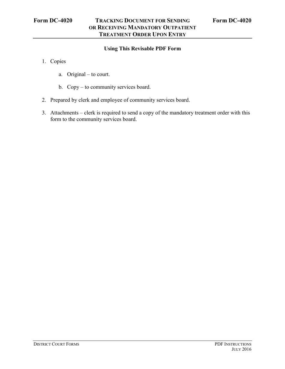 Instructions for Form DC-4020 Tracking Document for Sending or Receiving Mandatory Outpatient Treatment Order Upon Entry - Virginia, Page 1