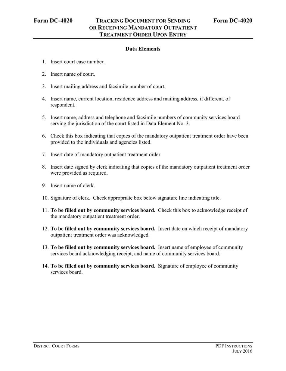 Instructions for Form DC-4020 Tracking Document for Sending or Receiving Mandatory Outpatient Treatment Order Upon Entry - Virginia, Page 3