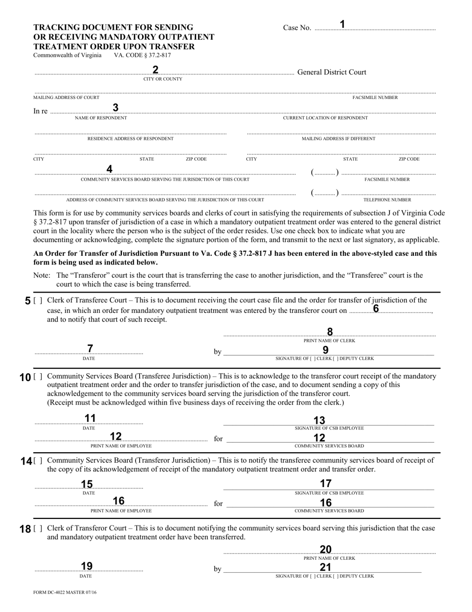 Instructions for Form DC-4022 Tracking Document for Sending or Receiving Mandatory Outpatient Treatment Order Upon Transfer - Virginia, Page 2